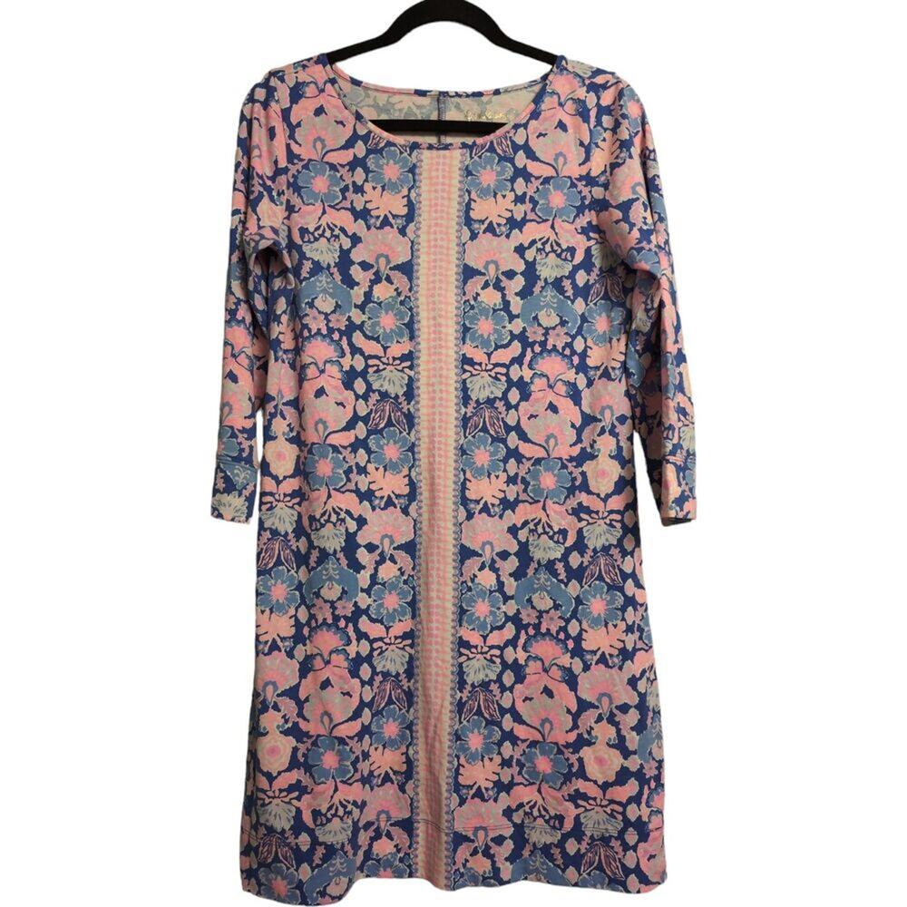 Lilly Pulitzer Marlowe Knit Dress Blue Pink Floral Pima Cotton Shift Size M